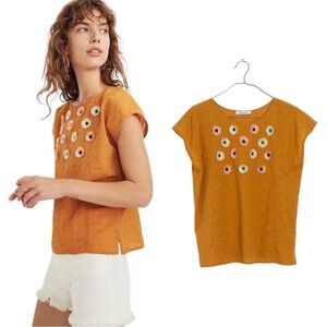 Madewell Embroidered Mustard Tassle Sunflower Embellished Cotton Top 0061